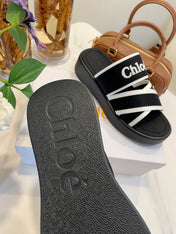 WOODY WEDGE SANDALS IN BLACK MIX WHITE CANVAS WITH RUBBER SOLE