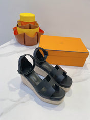 HM 26S ESPADRILLE WEDGE SANDALS IN BLACK CALFSKIN