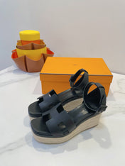 HM 26S ESPADRILLE WEDGE SANDALS IN BLACK CALFSKIN