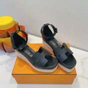 HM 26S ESPADRILLE WEDGE SANDALS IN BLACK CALFSKIN