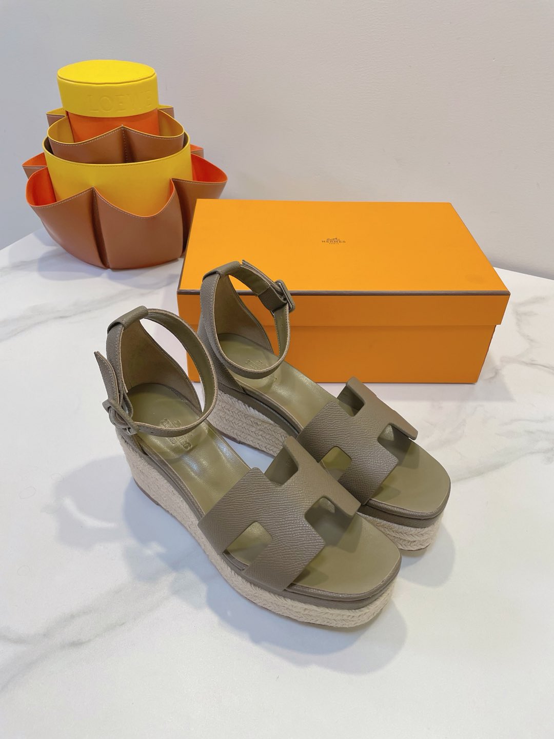 HM 26S ESPADRILLE WEDGE SANDALS IN MOSSY GREY CALFSKIN