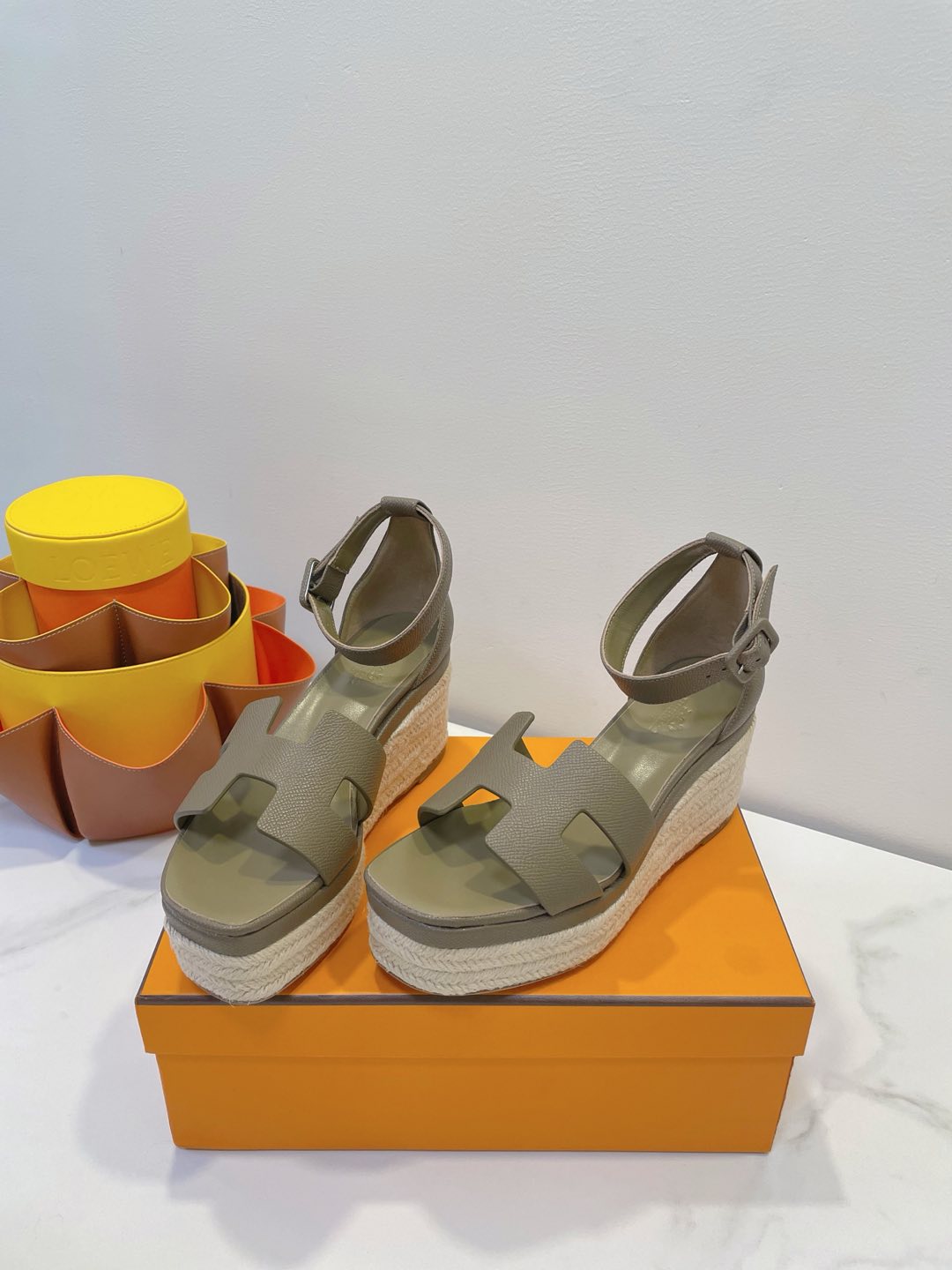 HM 26S ESPADRILLE WEDGE SANDALS IN MOSSY GREY CALFSKIN