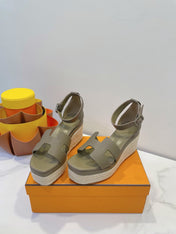 HM 26S ESPADRILLE WEDGE SANDALS IN MOSSY GREY CALFSKIN