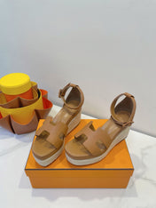 HM 26S ESPADRILLE WEDGE SANDALS IN BROWN CALFSKIN