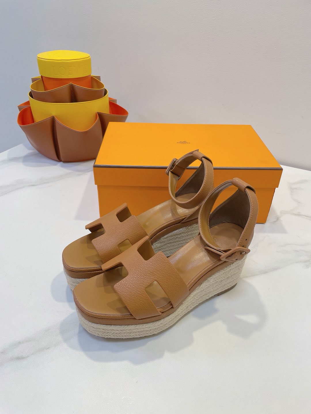 HM 26S ESPADRILLE WEDGE SANDALS IN BROWN CALFSKIN