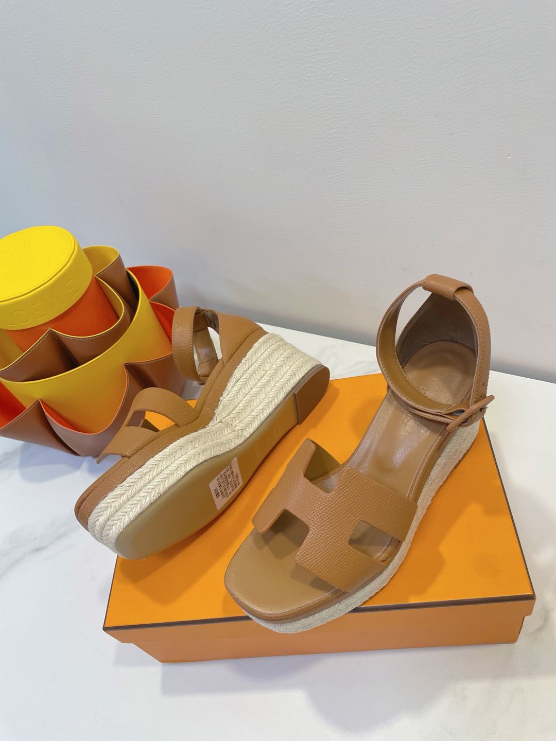 HM 26S ESPADRILLE WEDGE SANDALS IN BROWN CALFSKIN