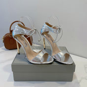 TOM FORD 26S HIGH HEEL SANDALS IN METALLIC SILVER SNAKESKIN CALFSKIN