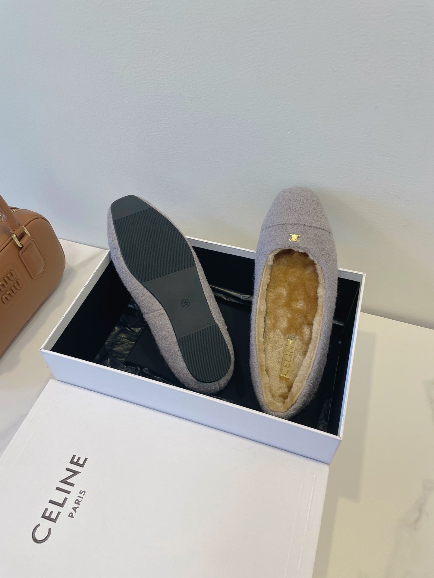 CELINE 26S FLAT SHOES IN LAVENDER GREY WOOL