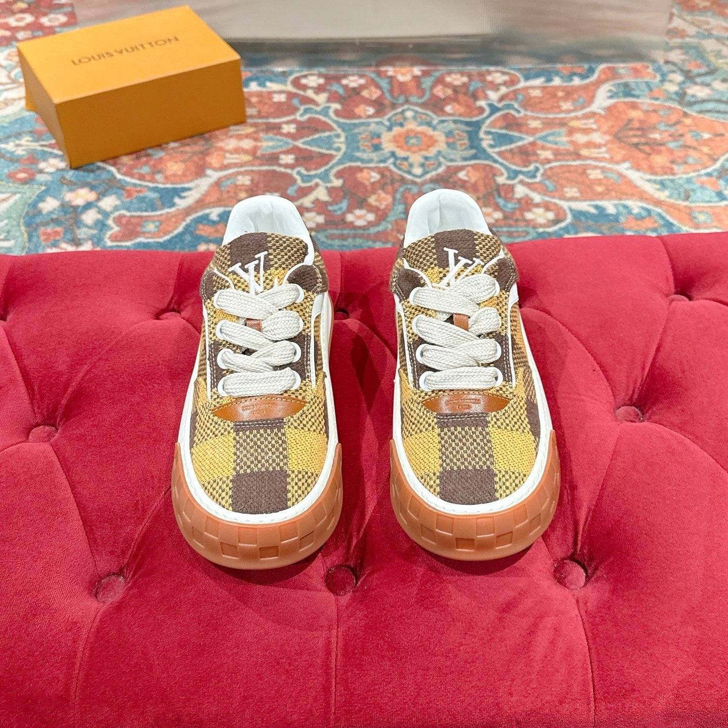 LV 26S PLAID SNEAKERS IN BROWN MIX YELLOW FABRIC
