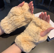 FINGERLESS HALF GLOVES IN BEIGE CREAM RABBIT FUR 462277