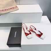 CHANEL 26S FLAT SLINGBACK IN RED GLOSSY LAMBSKIN WITH WHITE CAP TOE
