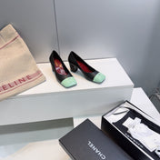 CHANEL 26S SQUARE-TOE HIGH HEELS 55 MM IN BLACK LAMBSKIN WITH MINT GREEN CAP TOE