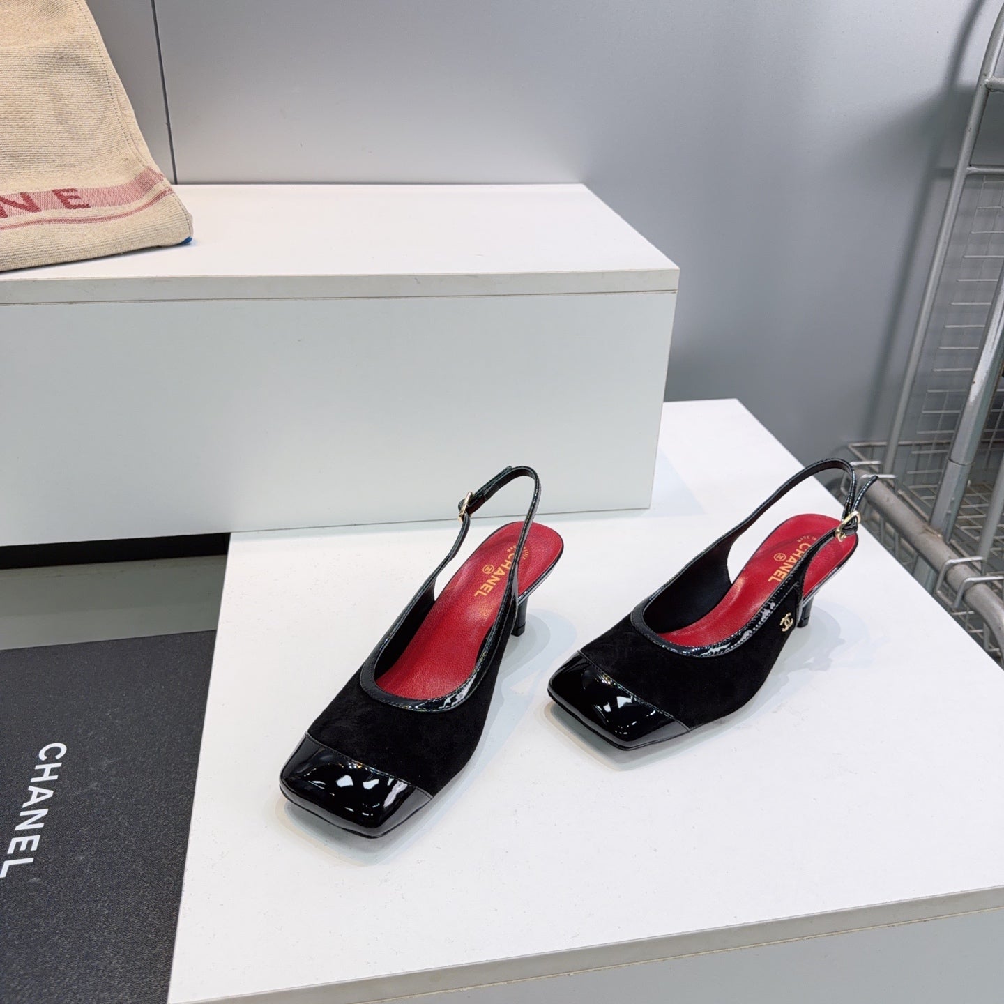 CHANEL 26S HIGH HEEL SLINGBACK PUMPS 65 MM IN BLACK LAMBSKIN AND SUEDE