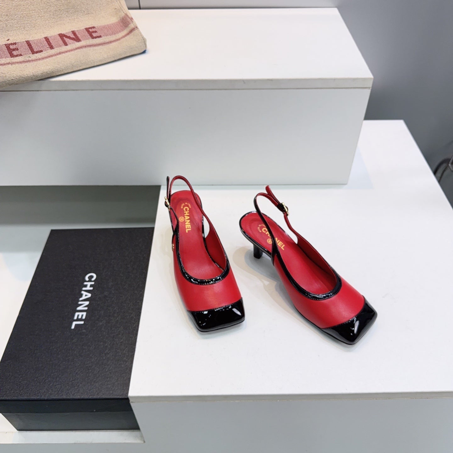 CHANEL 26S HIGH HEEL SLINGBACK PUMPS 65 MM IN BLACK AND RED LAMBSKIN