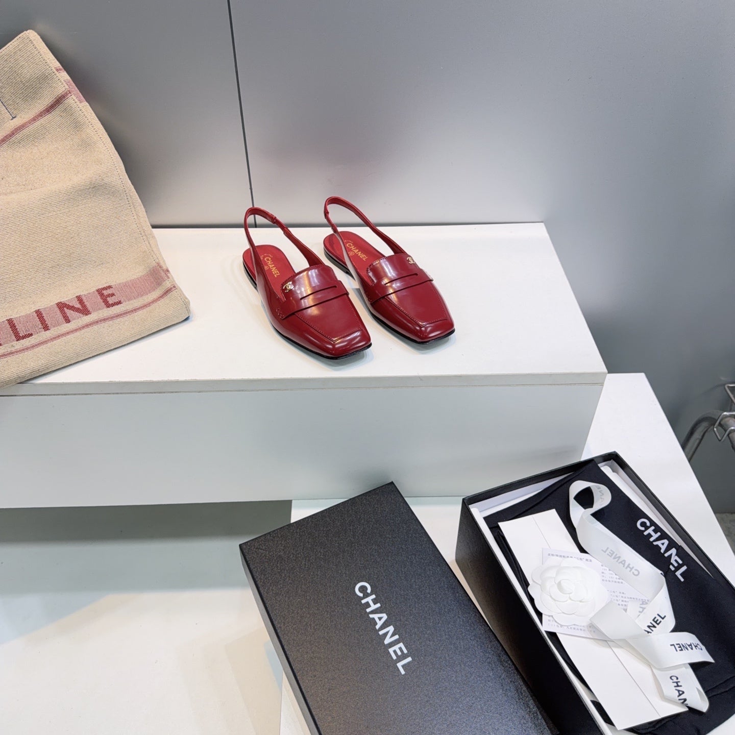 CHANEL 26S SLINGBACK FLATS IN BURGUNDY PATENT LAMBSKIN