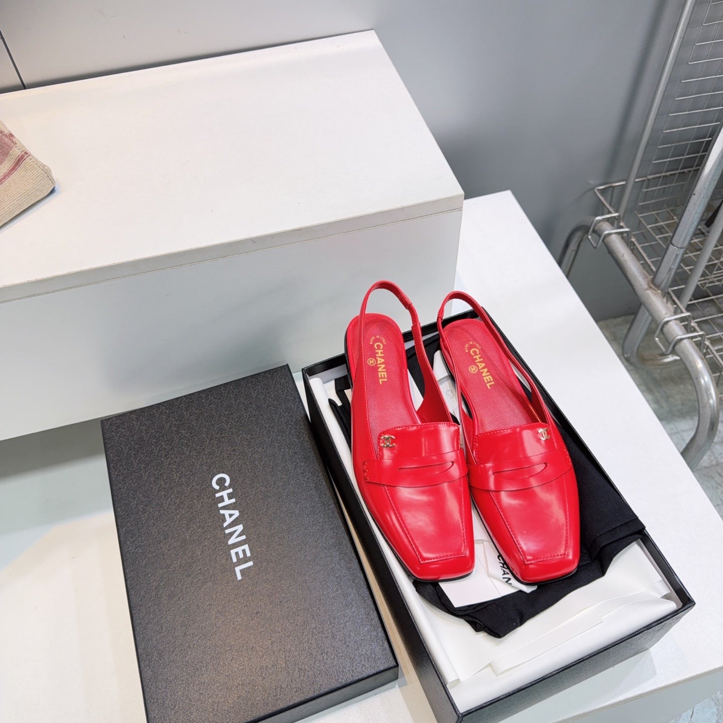 CHANEL 26S SLINGBACK FLATS IN DARK RED PATENT LAMBSKIN