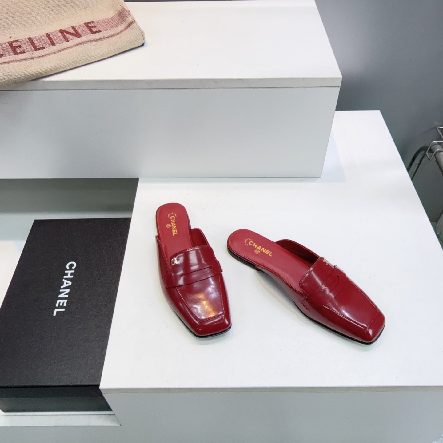CHANEL 26S LOAFER MULES IN BURGUNDY PATENT LAMBSKIN