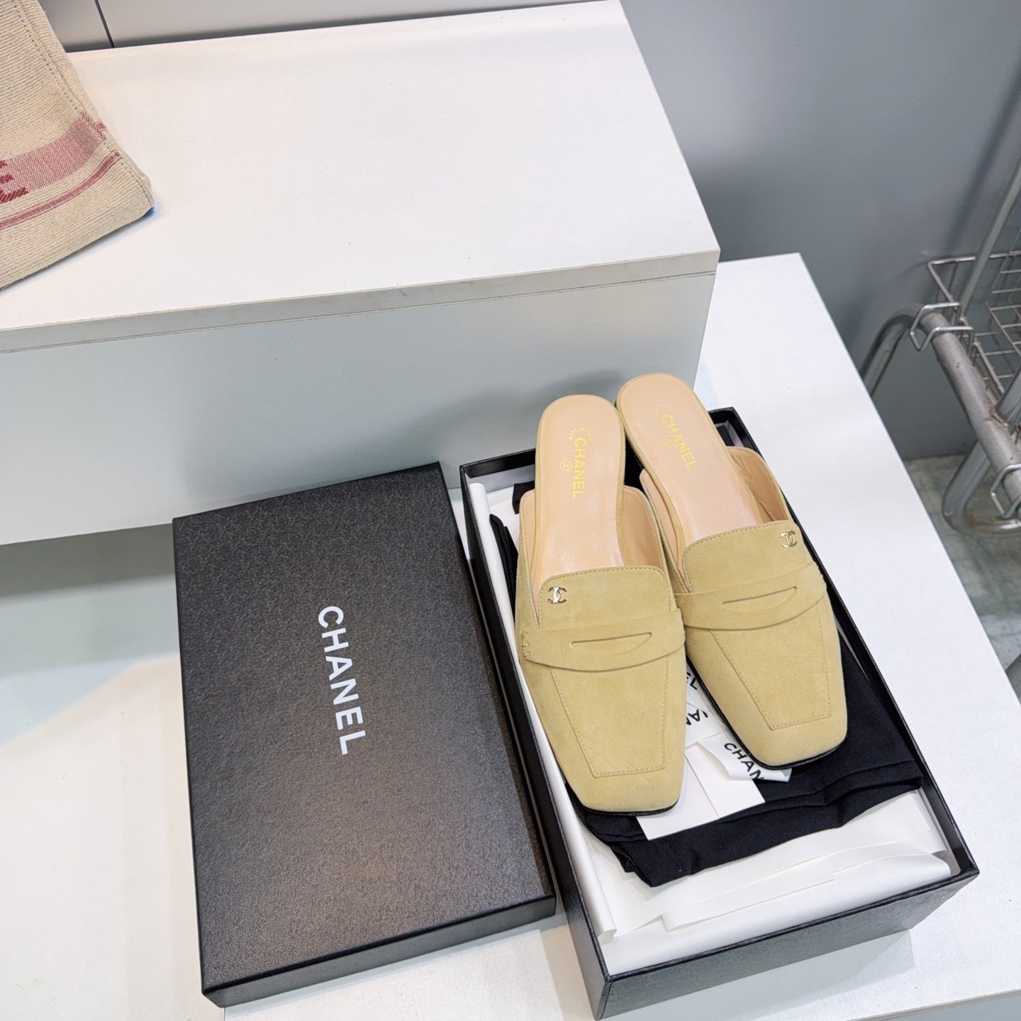 CHANEL 26S LOAFER MULES IN BEIGE SUEDE