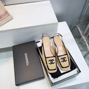 CHANEL 26S SLINGBACK FLATS IN BEIGE CALFSKIN WITH BLACK PATENT