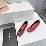 CHANEL 26S SQUARE TOE FLATS IN RED CALFSKIN WITH BLACK PATENT