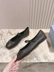 PRADA 25S STUD EMBELLISHED BALLERINA IN BLACK CALFSKIN