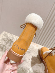 CELINE 25S KURT LACE UP MID BOOT IN MEDIUM ORANGE SUEDE AND SHEARLING