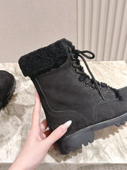 CELINE 25S KURT LACE UP MID BOOT IN BLACK FULL SUEDE AND SHEARLING