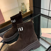 MIUMIU 26S LOGO CHUNKY ANKLE BOOTS IN DARK BROWN SUEDE 