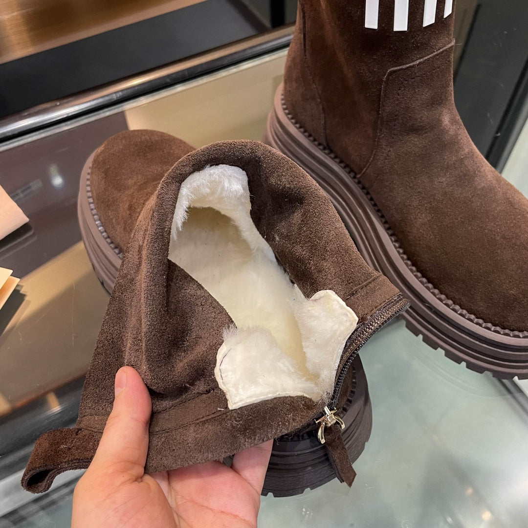 MIUMIU 26S LOGO CHUNKY ANKLE BOOTS IN DARK BROWN SUEDE 