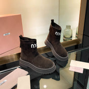 MIUMIU 26S LOGO CHUNKY ANKLE BOOTS IN DARK BROWN SUEDE 