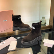MIUMIU 26S LOGO CHUNKY ANKLE BOOTS IN DARK BROWN SUEDE 