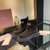 MIUMIU 26S LOGO CHUNKY ANKLE BOOTS IN DARK BROWN SUEDE 