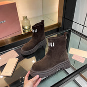 MIUMIU 26S LOGO CHUNKY ANKLE BOOTS IN DARK BROWN SUEDE 