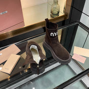 MIUMIU 26S LOGO CHUNKY ANKLE BOOTS IN DARK BROWN SUEDE 