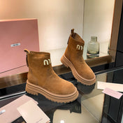 MIUMIU 26S LOGO CHUNKY ANKLE BOOTS IN CAMEL BROWN SUEDE 