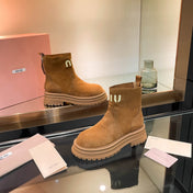 MIUMIU 26S LOGO CHUNKY ANKLE BOOTS IN CAMEL BROWN SUEDE 