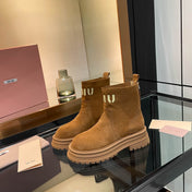 MIUMIU 26S LOGO CHUNKY ANKLE BOOTS IN CAMEL BROWN SUEDE 
