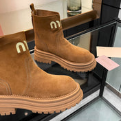 MIUMIU 26S LOGO CHUNKY ANKLE BOOTS IN CAMEL BROWN SUEDE 