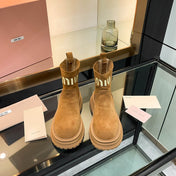 MIUMIU 26S LOGO CHUNKY ANKLE BOOTS IN CAMEL BROWN SUEDE 