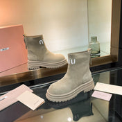 MIUMIU 26S LOGO CHUNKY ANKLE BOOTS IN BEIGE SUEDE 