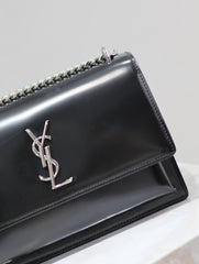 YSL 25S SUNSET MEDIUM 22 IN BLACK SHINY CALFSKIN SILVER HARDWARE