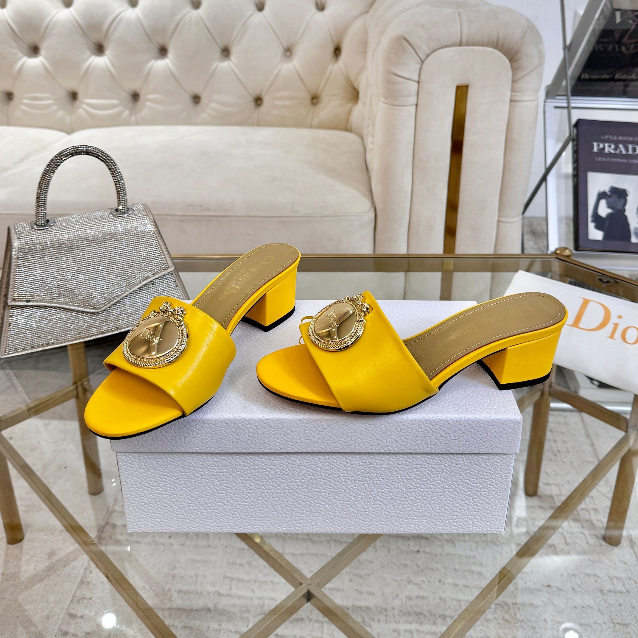DIOR 26S HIGH-HEEL SANDALS 55MM IN YELLOW CALFSKIN WITH GOLD HARDWARE