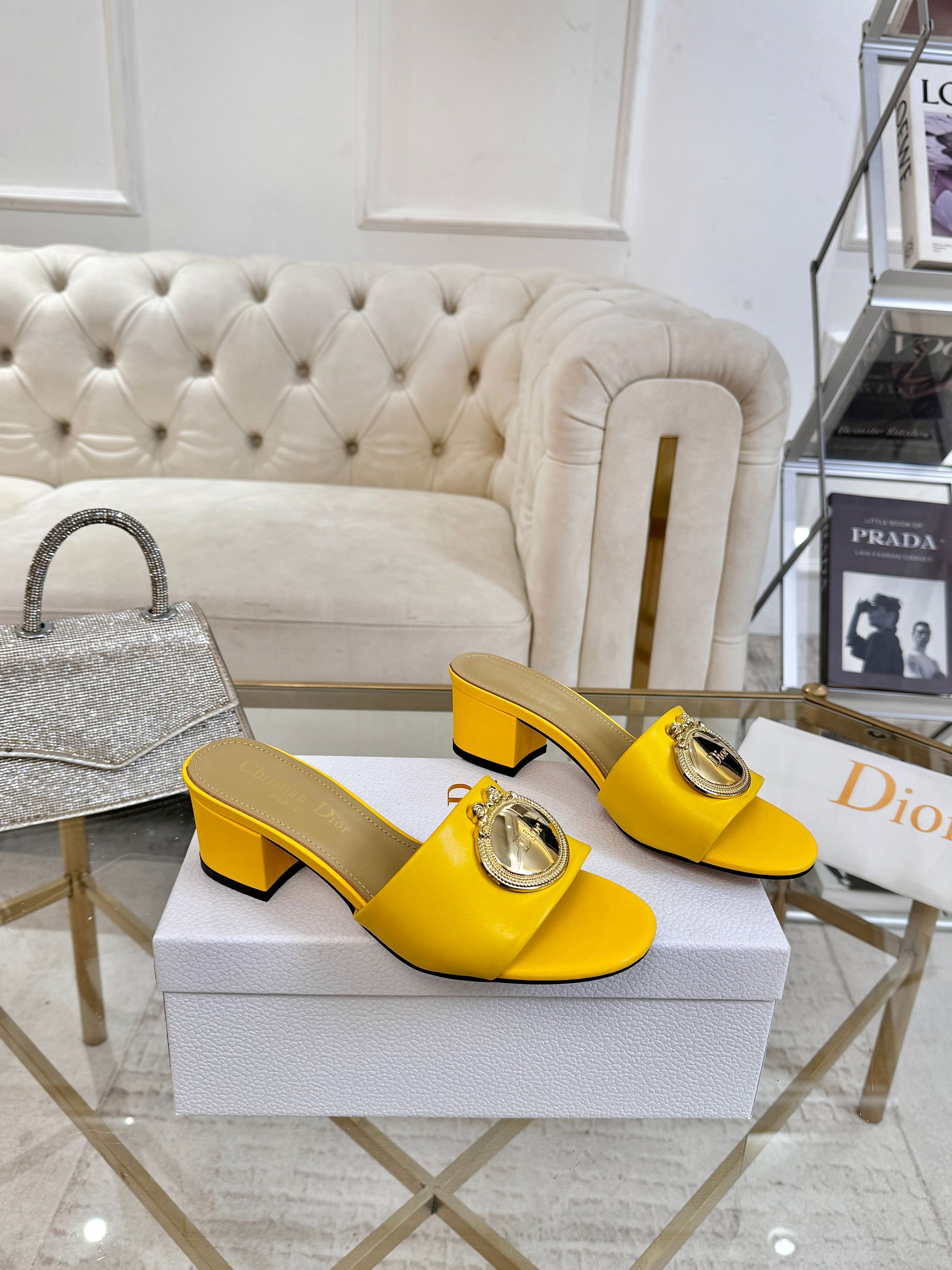 DIOR 26S HIGH-HEEL SANDALS 55MM IN YELLOW CALFSKIN WITH GOLD HARDWARE