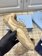 PRADA 26S LOW TOP SNEAKERS IN OLIVE BROWN NYLON AND SUEDE