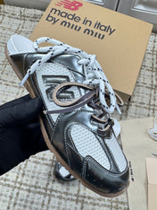 MIUMIU 26S NEW BALANCE SNEAKER MULES IN WHITE MESH AND DARK SILVER CALFSKIN