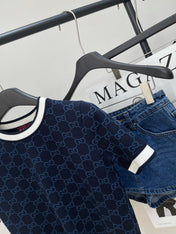 GUCCI SHORT-SLEEVE CREW NECK KNIT TOP WITH WHITE TRIM 256819