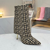BALMAIN 26S MONOGRAM BOOTS 105 MM IN BLACK AND BEIGE JACQUARD-WOVEN CANVAS