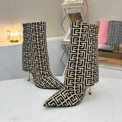 BALMAIN 26S MONOGRAM BOOTS 105 MM IN BLACK AND BEIGE JACQUARD-WOVEN CANVAS