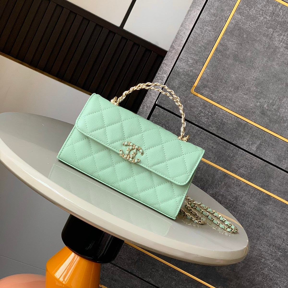 CHANEL 25S KELLY BAG 18 IN LIGHT GREEN CAVIAR LEATHER WITH GOLD HARDWARE