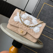 CHANEL 25S CLASSIC FLAP 26 CM IN LIGHT BEIGE CANVAS EMBROIDERED MOTIF WITH GOLD HARDWARE